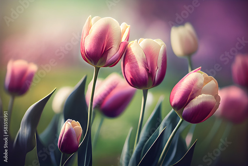 Tulip flowers bloom in the garden. Spring nature background. AI Generative