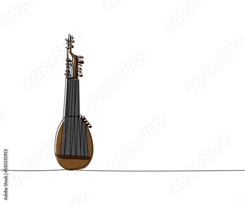 Torban one line color art. Continuous line drawing of music, instrument, folk, musical, ukrainian, culture, acoustic, ethnic, lute, kobza, traditional, mandolin, string photo