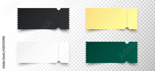 Realistic ticket set isolated on transparent background. Mockup black, gold, white, green coupon entrance with one stub rip line. Template design for entertainment show, event, boarding pass. Vector