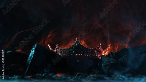 Golden crown on fire. Fantastic and fabulous composition on dark background. Panoramic view of the fog. Layout for your logo. 