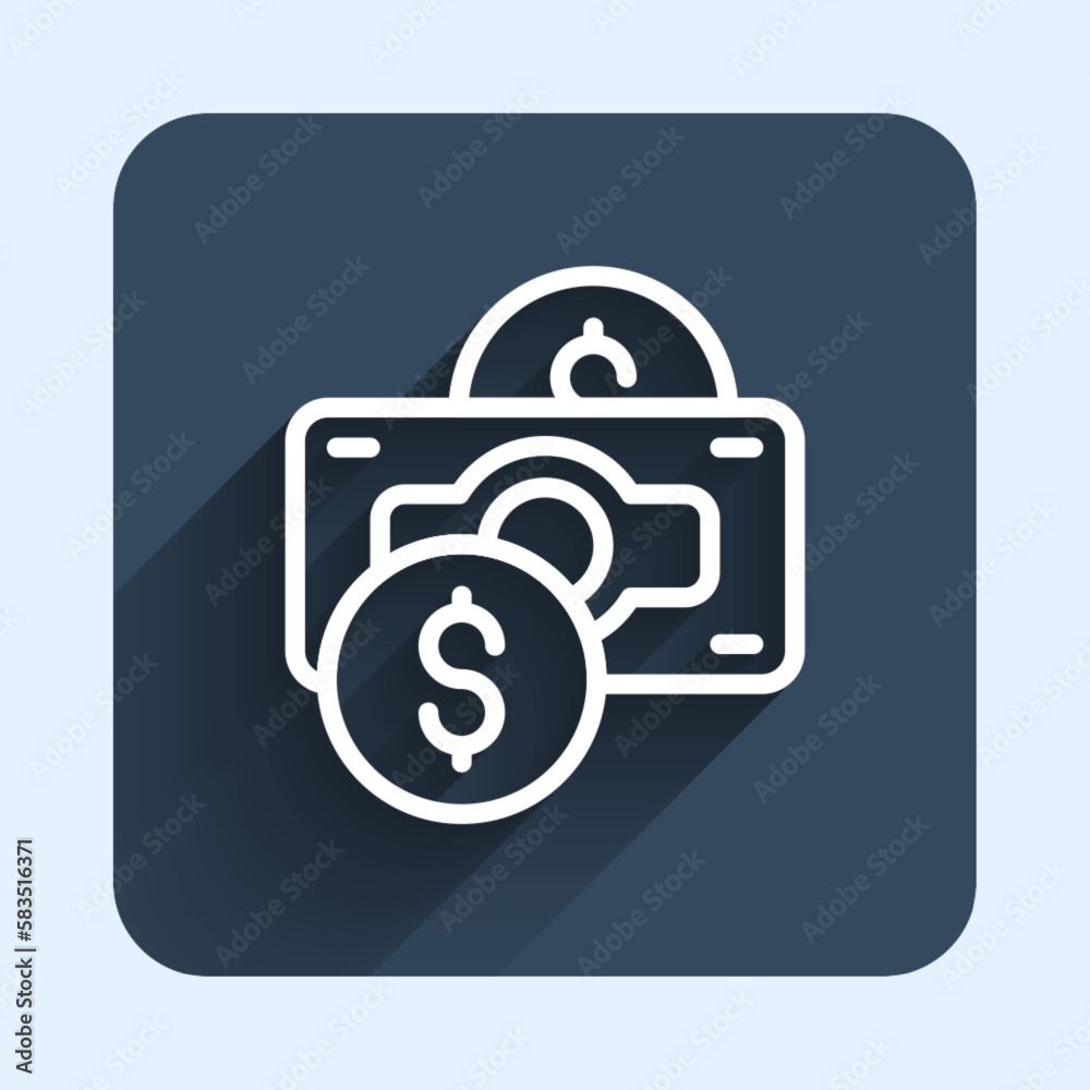 White line Stacks paper money cash icon isolated with long shadow background. Money banknotes stacks. Bill currency. Blue square button. Vector White line Stacks paper money cash icon isolated with long shadow background. Money banknotes stacks. Bill currency. Blue square button. Vector