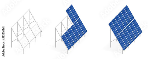 A set of solar panels constructions. Structure for mounting solar panels. Modern alternative eco-green, renewable energy.