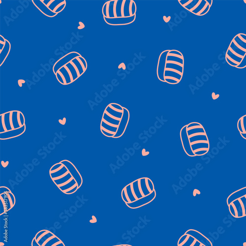 Blue seamless pattern with pink sashimi and hearts