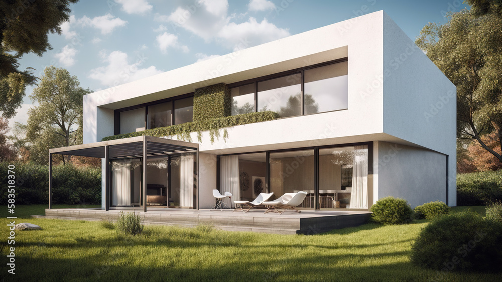 Modern house with garden, exterior view. Generative ai and digital editing.