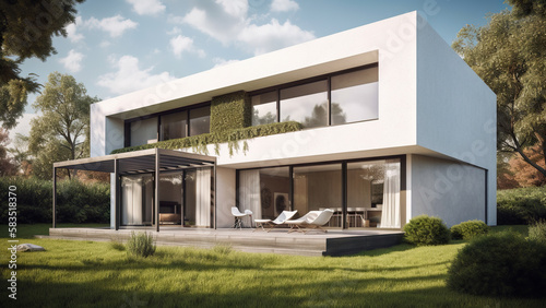 Modern house with garden, exterior view. Generative ai and digital editing. © angelo sarnacchiaro