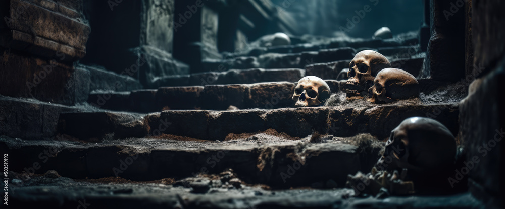 Skeletal army of the undead king littered on castle stone steps, broken and shattered skulls, scary macabre scene of death and decay - generative AI - obrazy, fototapety, plakaty 