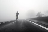 silhouette of a man jogging on the empty road at cloudy morning, generative ai