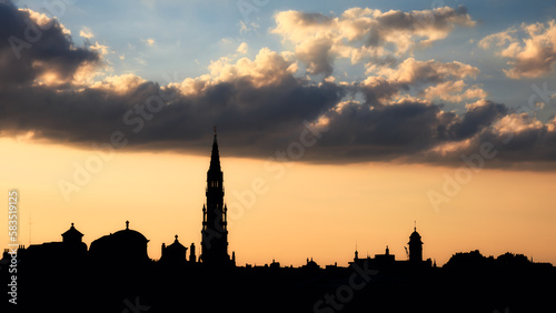 The silhouette of the historical buildings in Brussels at sunset