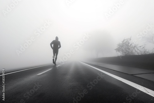 silhouette of a man jogging on the empty road at cloudy morning  generative ai