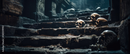 Skeletal army of the undead king littered on castle stone steps, broken and shattered skulls, scary macabre scene of death and decay - generative AI