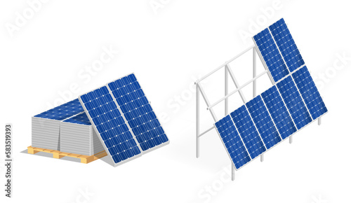 Ground metal structure for solar panels. Solar panels on a pallet. Modern alternative eco-green, renewable energy.