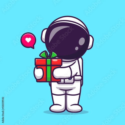 Cute Astronaut Holding Gift Box Cartoon Vector Icon Illustration. Science Holiday Icon Concept Isolated Premium Vector. Flat Cartoon Style