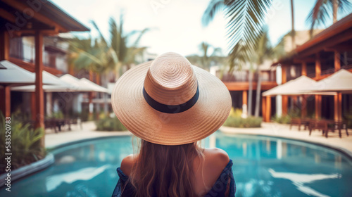 Woman wearing straw beach hat standing in front of a luxurious exotic resort pool. Generative AI © Denniro