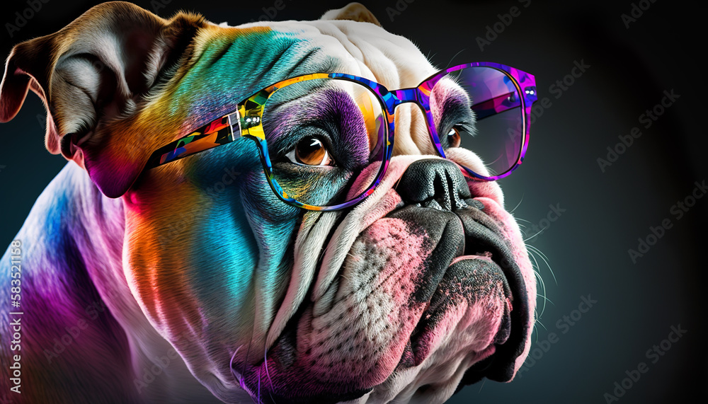 Colorful dog wearing glasses, Pop art painting, Generative AI
