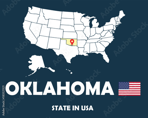 Oklahoma state of USA text design with America flag and white silhouette map.