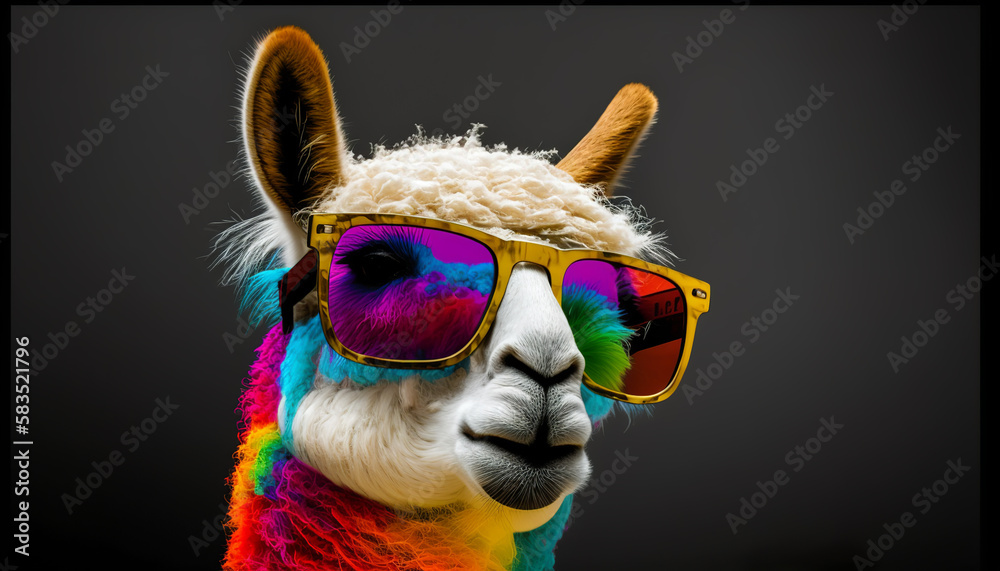 Colorful lama wearing sunglasses, Pop art painting, Generative AI