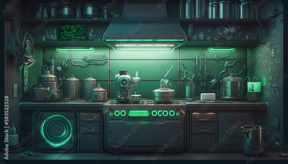 Futuristic cyberpunk kitchen interior with metal walls, cabinet and neon lights. Generative AI Futuristic cyberpunk kitchen interior with metal walls, cabinet and neon lights. Generative AI