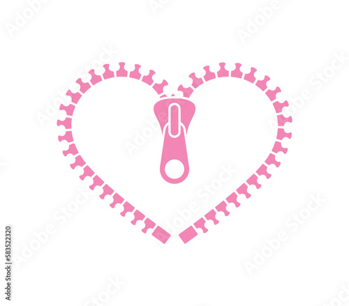 Vector pink heart formed by an unzipped zipper. Isolated on white background.