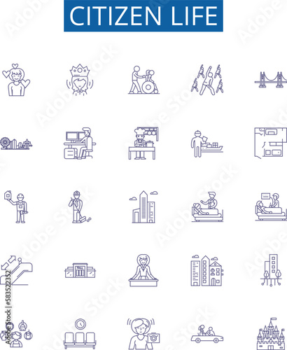 Citizen life line icons signs set. Design collection of Citizen, life, living, rights, duty, registration, homeland, identity outline concept vector illustrations