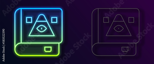 Glowing neon line Ancient magic book with alchemy recipes and mystic spells and enchantments icon isolated on black background. Vector