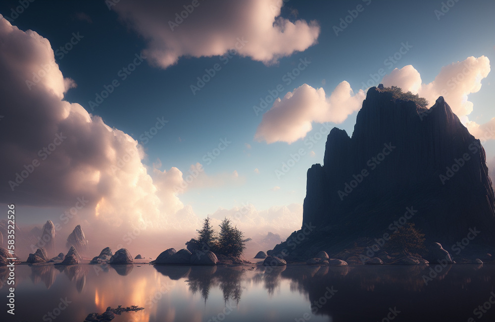 Photo of a serene mountain lake with a solitary tree in the foreground