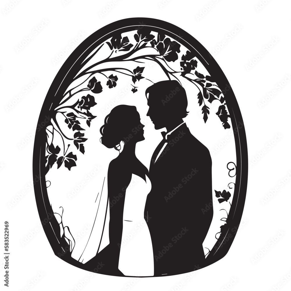 Wedding, young couple of lovers, just married black vector stencil ...