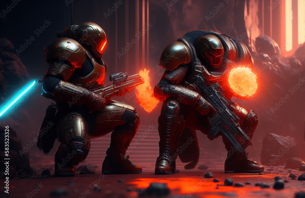 Fototapeta premium illustration of a soldier armed with firearms and armor