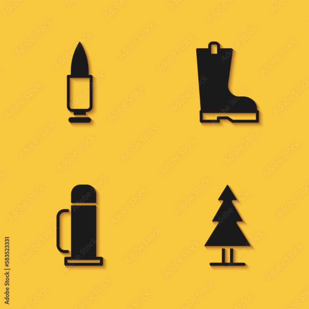 Set Bullet, Tree, Thermos container and Waterproof rubber boot icon with long shadow. Vector Set Bullet, Tree, Thermos container and Waterproof rubber boot icon with long shadow. Vector
