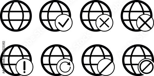 Planet. Connecting to the network. Connection status: normal, connected, missing, attention, and refresh. A simple black icon.