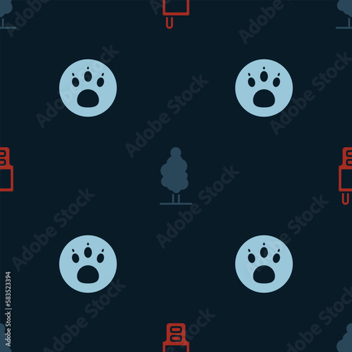 Set Walkie talkie, Tree and Paw search on seamless pattern. Vector