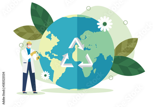 Green technology, environmental care and sustainable development banner with man and woman holding recycling icon. Green recycle symbol. Waste recycling, ecology protection. Zero waste stop pollution