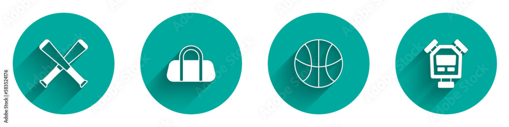 Set Crossed baseball bat, Sport bag, Basketball and Stopwatch icon with long shadow. Vector Set Crossed baseball bat, Sport bag, Basketball and Stopwatch icon with long shadow. Vector