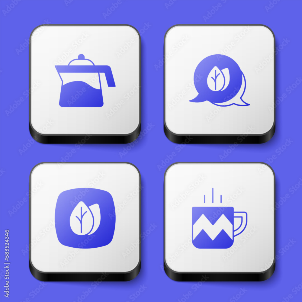Set Teapot, Leaf, and Cup of tea icon. White square button. Vector Set Teapot, Leaf, and Cup of tea icon. White square button. Vector