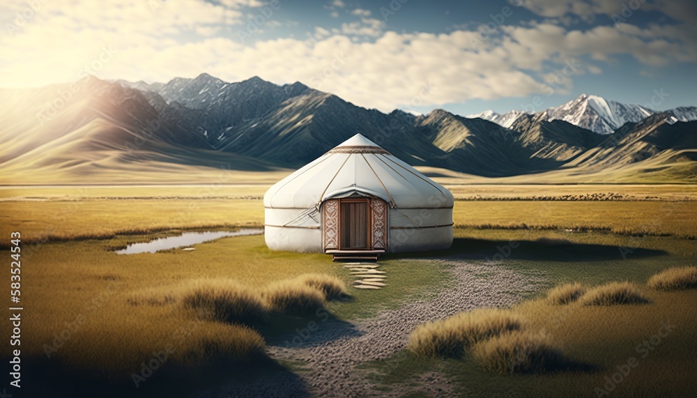 Traditional mongolian yurt in the sunshine on a grassy filed with mountains in the background. Generative AI - obrazy, fototapety, plakaty 