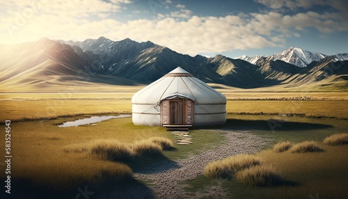 Traditional mongolian yurt in the sunshine on a grassy filed with mountains in the background. Generative AI photo
