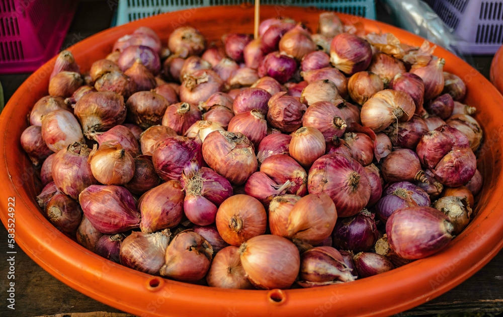 Shallots are put in plastic baskets for sale at local fresh markets. Baan Naklua, Pattaya, Thailand Shallots are put in plastic baskets for sale at local fresh markets. Baan Naklua, Pattaya, Thailand