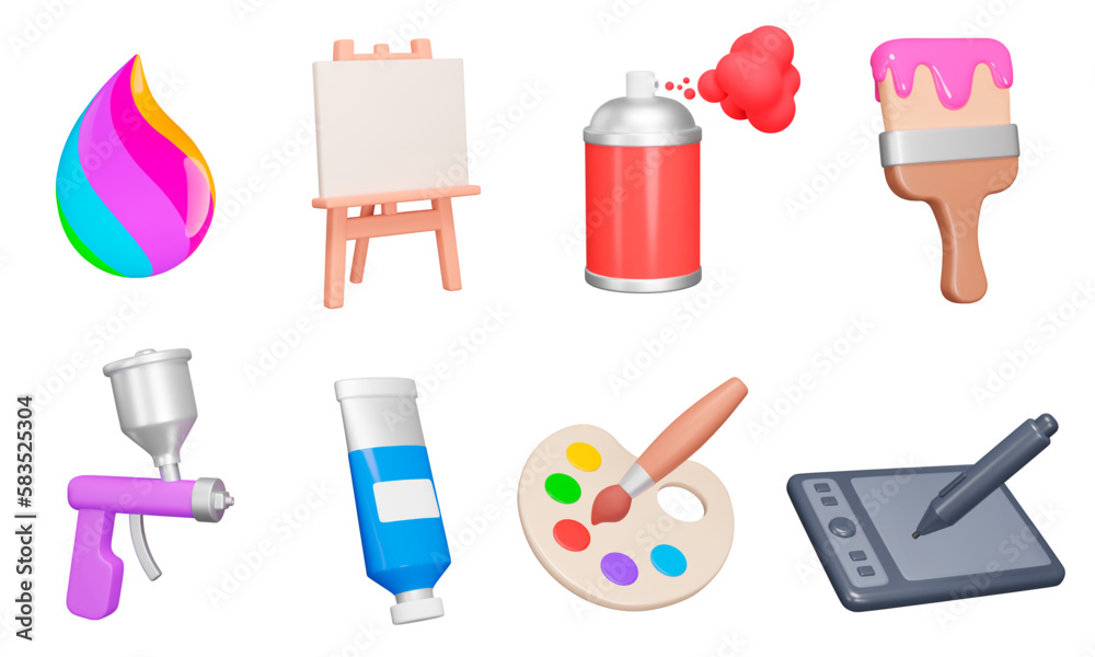 Art drawing, painting 3d icon set. Tools for drawing and creativity ...
