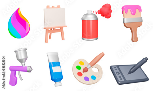 Art drawing, painting 3d icon set. Tools for drawing and creativity, Art activities. paint drop, canvas, spray can, paint brush, palette, drawing tablet. Isolated objects on transparent background