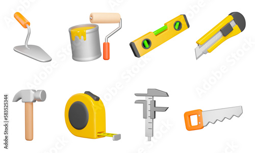 Repair Tools 3d icon set. Tools for construction. Worker equipment. Trowel, paint, ruler with level, utility knife, hammer, tape measure, compass, saw, Isolated objects on a transparent background photo