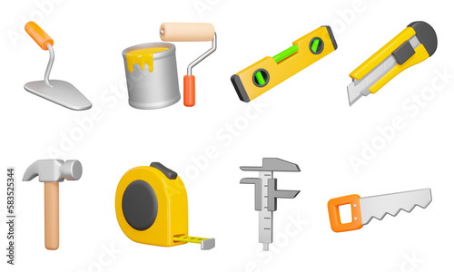 Repair Tools 3d icon set. Tools for construction. Worker equipment. Trowel, paint, ruler with level, utility knife, hammer, tape measure, compass, saw, Isolated objects on a transparent background
