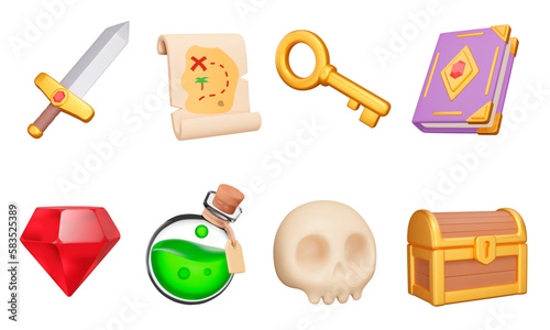 Magic adventure 3d icon set. Pirate treasure hunt, fantasy game Isolated icons, Adventures in a fantasy world, magical items. Sword, gem, potion, skull, chest, etc. objects on a transparent background photo