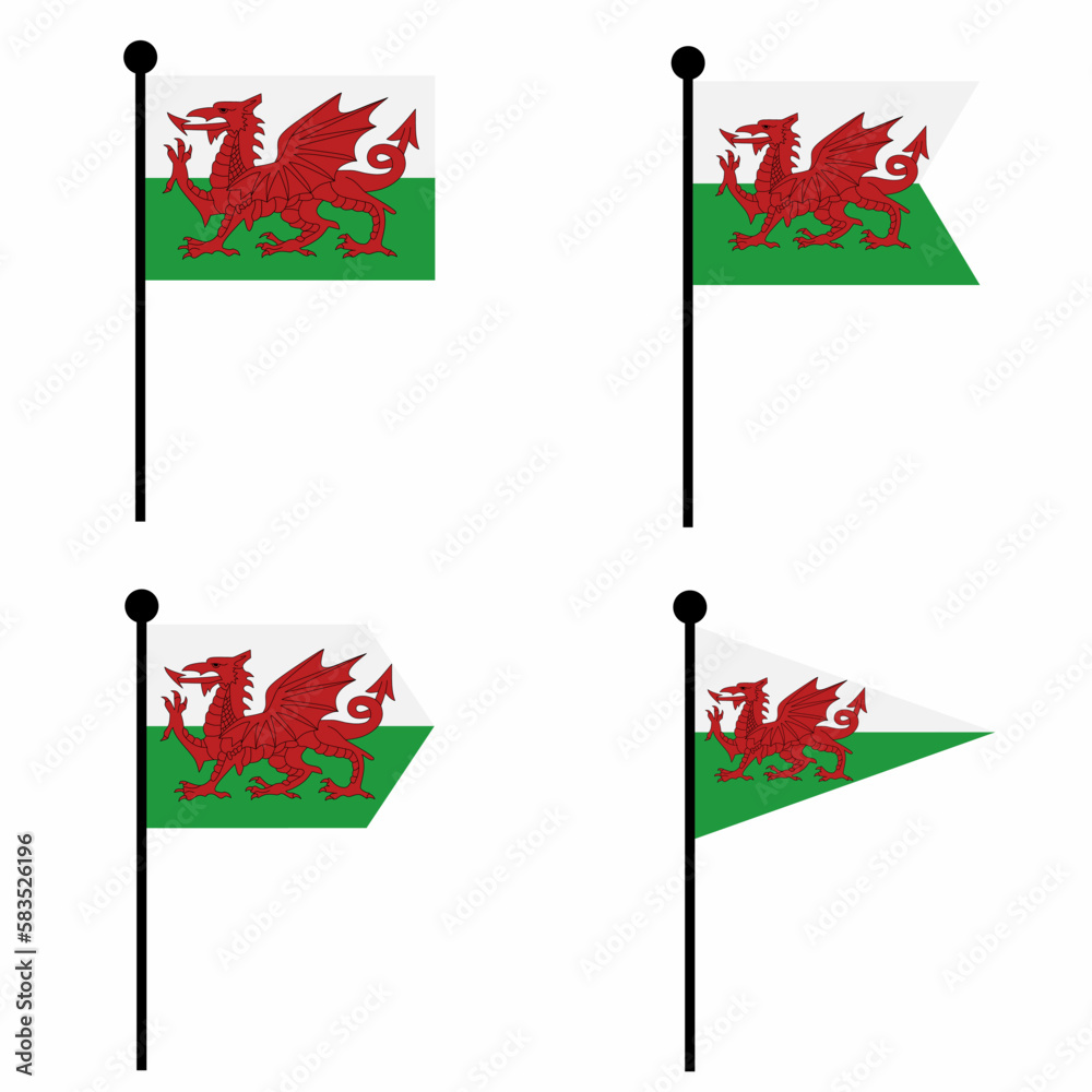 Wales waving flag icon set in 4 shape versions. Collection of flagpole sign for identity, emblem, and infographic. Wales waving flag icon set in 4 shape versions. Collection of flagpole sign for identity, emblem, and infographic.