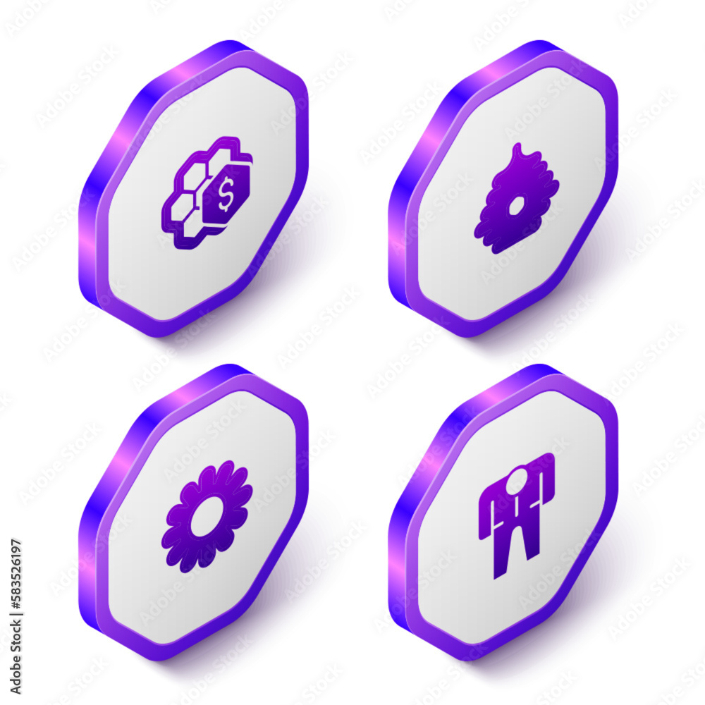Set Isometric Sale of honeycomb, Hive for bees, Flower and Beekeeper costume icon. Purple hexagon button. Vector Set Isometric Sale of honeycomb, Hive for bees, Flower and Beekeeper costume icon. Purple hexagon button. Vector
