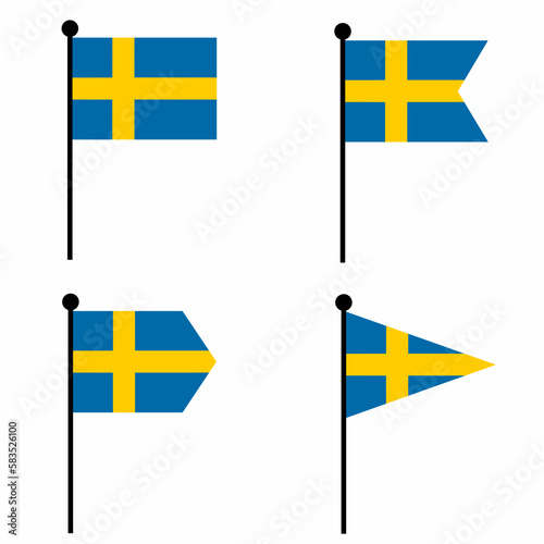 Sweden waving flag icon set in 4 shape versions. Collection of flagpole sign for identity, emblem, and infographic. 
