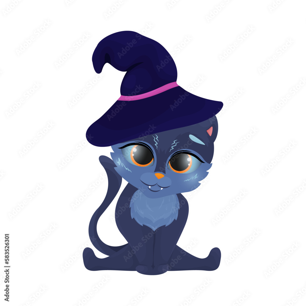 Funny black cat, illustration. Vampire cat and magic hat, halloween clipart, vector