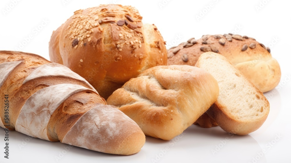 Composition with breads isolated on white table, close-up. Generative AI Composition with breads isolated on white table, close-up. Generative AI