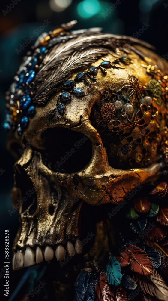 Gold painted dead skeleton king skull, adorned with precious gemstones and beads of diamonds, turquoise and amber with exotic feathers crown, closeup view - generative AI