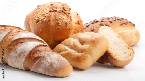 Composition with breads isolated on white table, close-up. Generative AI