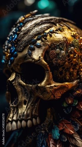 Gold painted dead skeleton king skull, adorned with precious gemstones and beads of diamonds, turquoise and amber with exotic feathers crown, closeup view - generative AI © SoulMyst