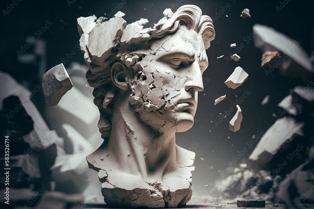 Broken ancient greek statue head falling in pieces. Broken marble sculpture, cracking bust, concept of depression, memory loss, mentality loss or illness. AI generated image. - obrazy, fototapety, plakaty 